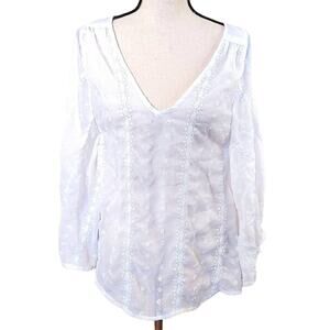 Nicole Miller Size Small S White Flowy Blouse Sheer V Neck Top Summer Boho Indie